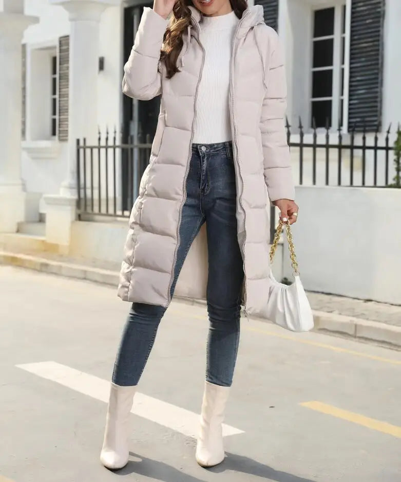 Winter New Hooded Mid Length Slim Fit Warm Long Sleeve Solid Color Down Jacket For Women,3 Colors Kafinashop