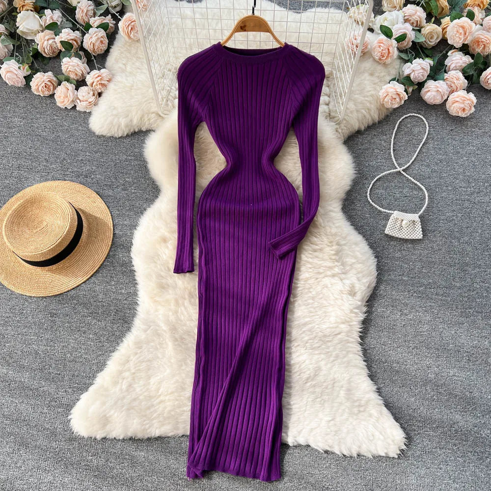 SINGREINY Winter Women Knit Maxi Dress O Neck Autumn Long Sleeve Slim Solid Harajuku Ladies Fashion Pencil Sweater Long Dresses Kafinashop